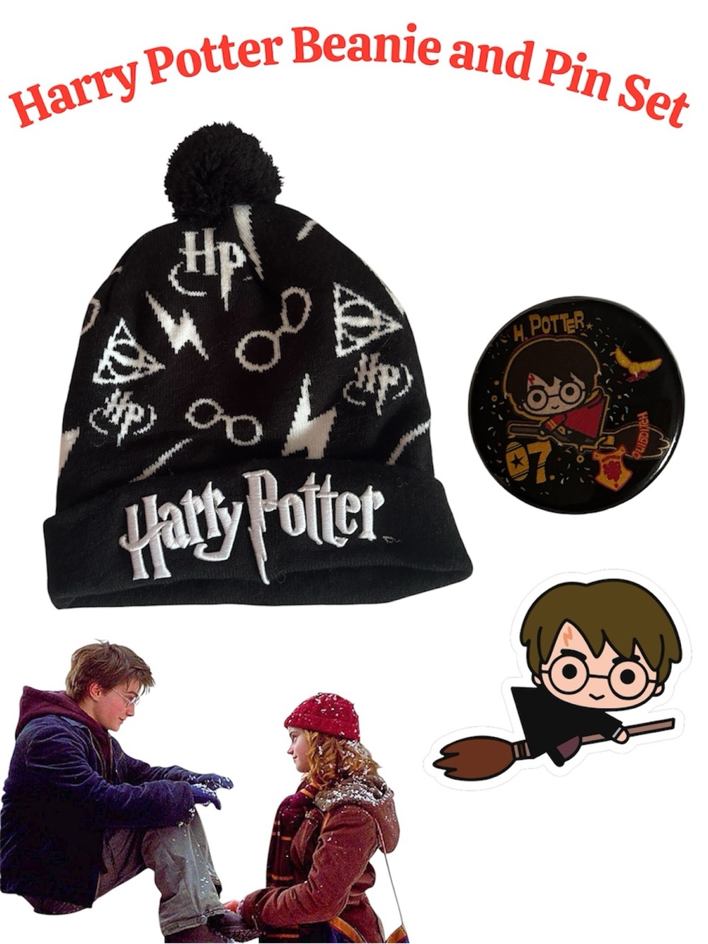 Harry Potter Black Pom Beanie Hat & Chibi Quidditch Button Pin Set